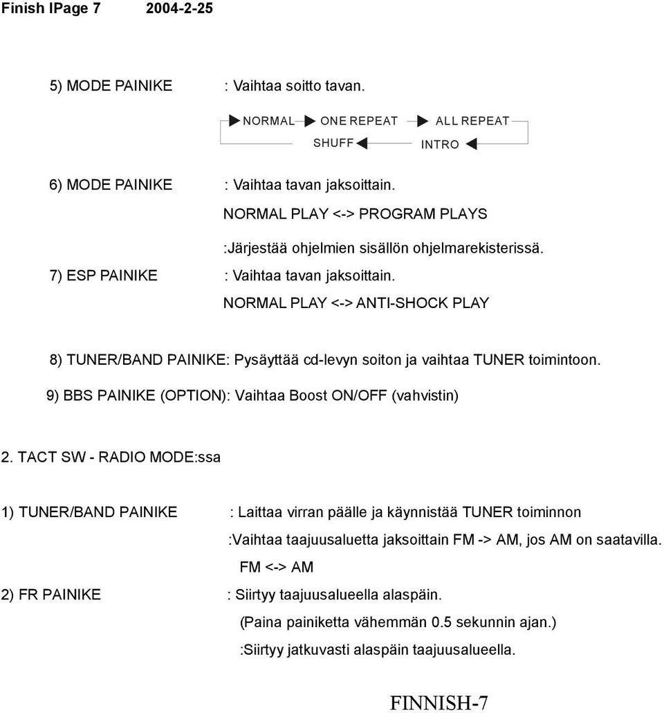 NORMAL PLAY <-> ANTI-SHOCK PLAY 8) TUNER/BAND PAINIKE: Pysäyttää cd-levyn soiton ja vaihtaa TUNER toimintoon. 9) BBS PAINIKE (OPTION): Vaihtaa Boost ON/OFF (vahvistin) 2.