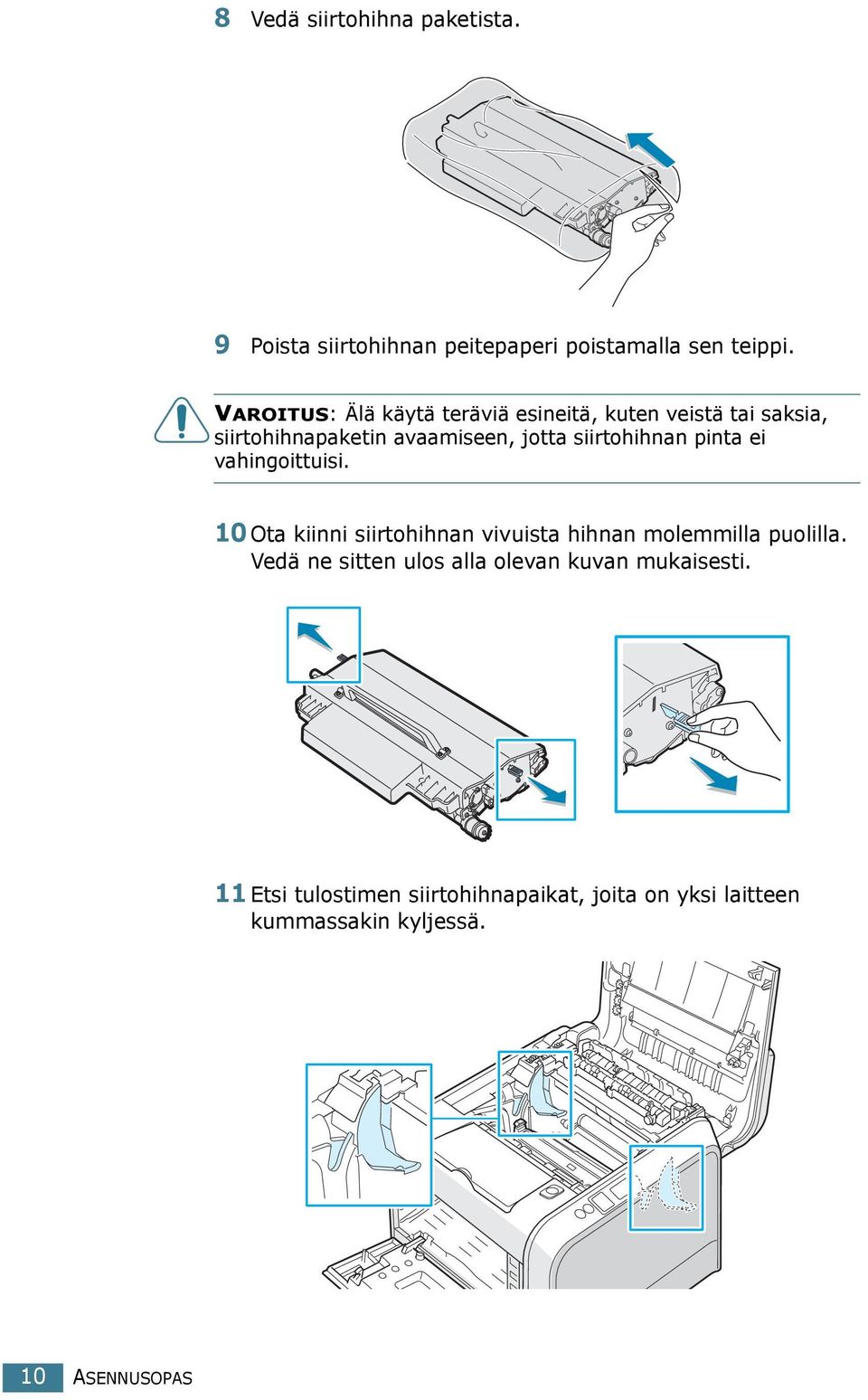 siirtohihnan pinta ei vahingoittuisi. 10 Ota kiinni siirtohihnan vivuista hihnan molemmilla puolilla.