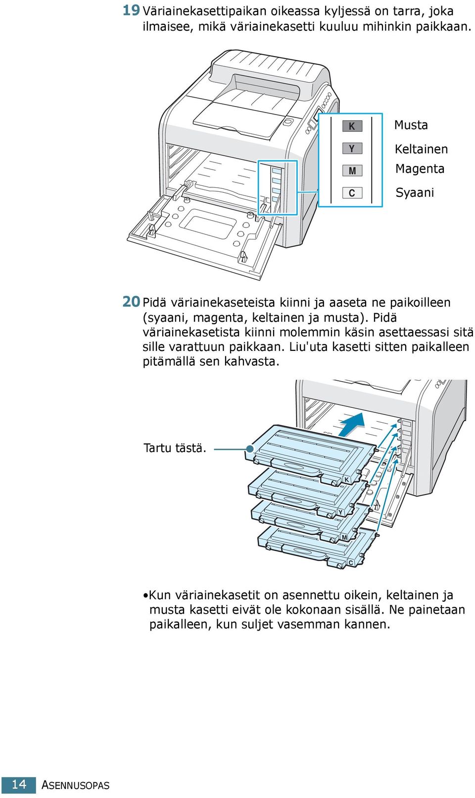 Pidä väriainekasetista kiinni molemmin käsin asettaessasi sitä sille varattuun paikkaan. Liu'uta kasetti sitten paikalleen pitämällä sen kahvasta.