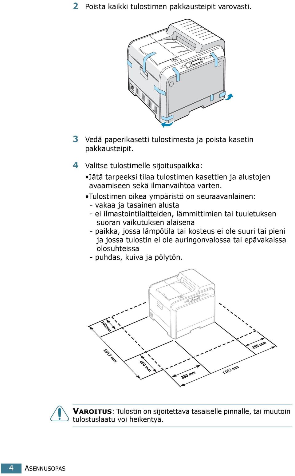 Tulostimen oikea ympäristö on seuraavanlainen: - vakaa ja tasainen alusta - ei ilmastointilaitteiden, lämmittimien tai tuuletuksen suoran vaikutuksen alaisena - paikka,