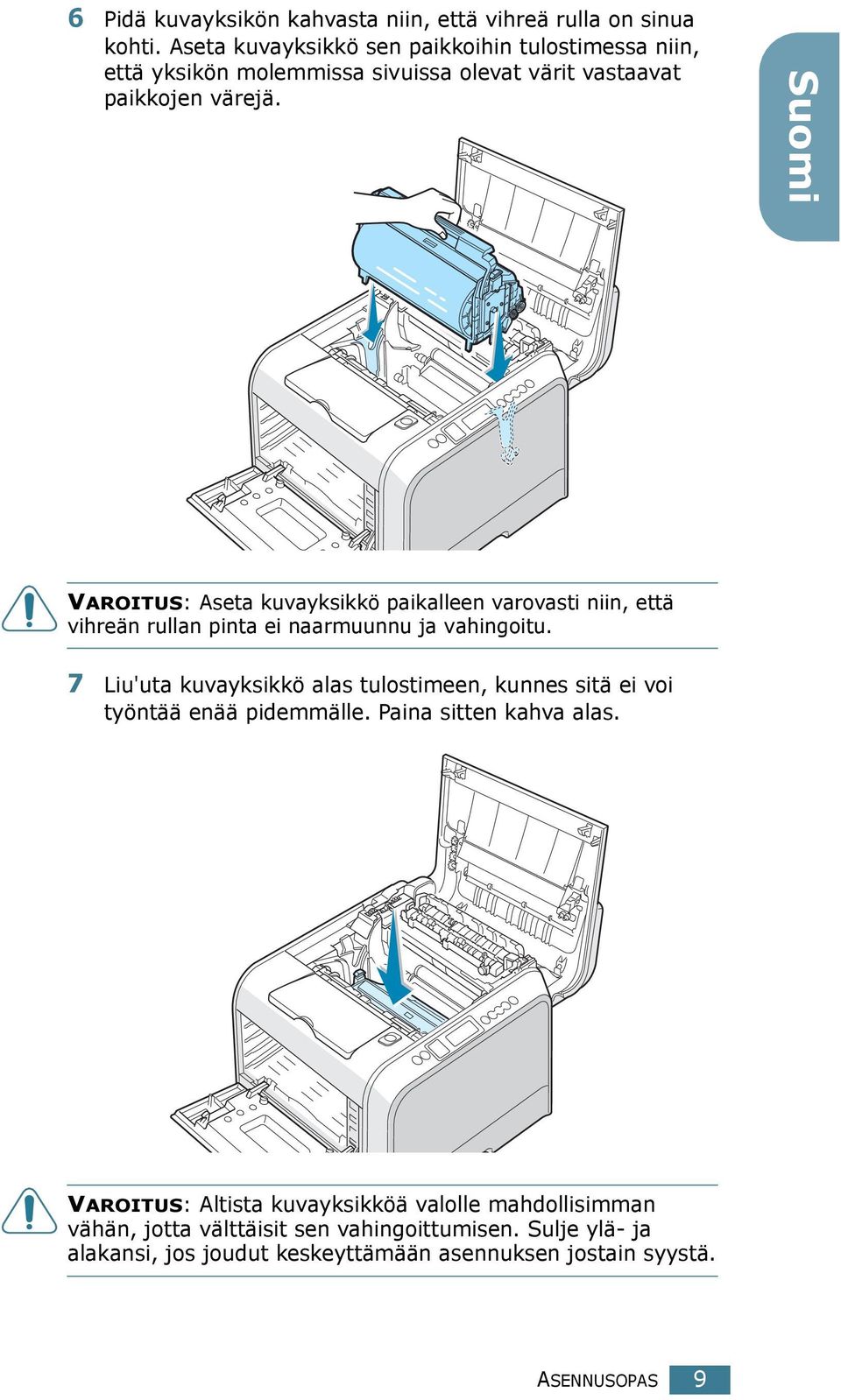 Suomi VAROITUS: Aseta kuvayksikkö paikalleen varovasti niin, että vihreän rullan pinta ei naarmuunnu ja vahingoitu.