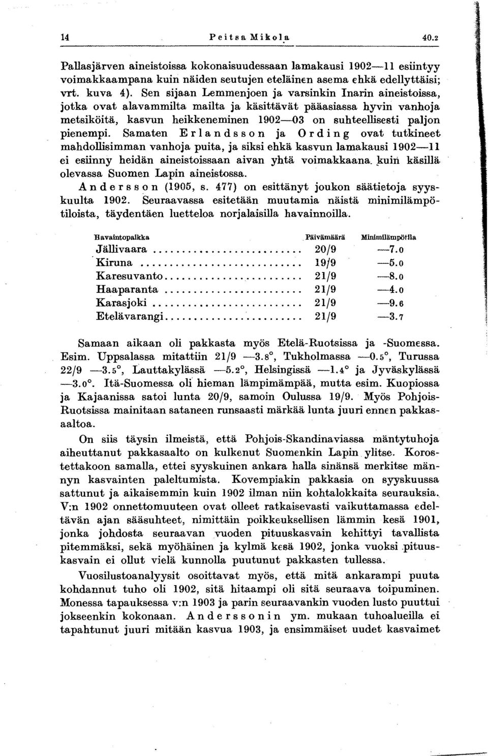 pienempi. Samaten E ria n d s son ja 0 r din g ovat tutkineet mahdollisimman vanhoja puita, ja siksi ehka kasvun lamakausi 1902-11 ei esiinny heidan aineistoissaan aivan yhta voimakkaana. ):.