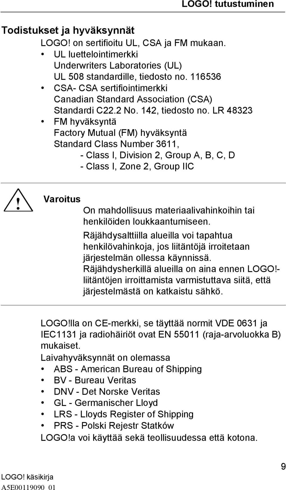 LR 48323 FM hyväksyntä Factory Mutual (FM) hyväksyntä Standard Class Number 3611, - Class I, Division 2, Group A, B, C, D - Class I, Zone 2, Group IIC!