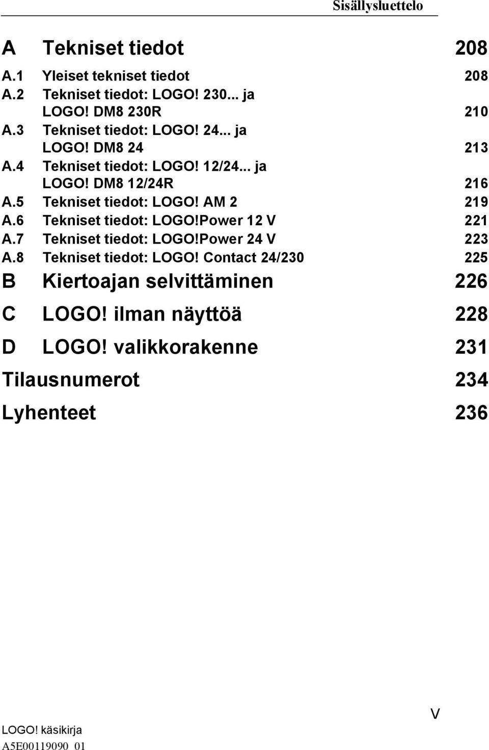 5 Tekniset tiedot: LOGO! AM 2 219 A.6 Tekniset tiedot: LOGO!Power 12 V 221 A.7 Tekniset tiedot: LOGO!Power 24 V 223 A.