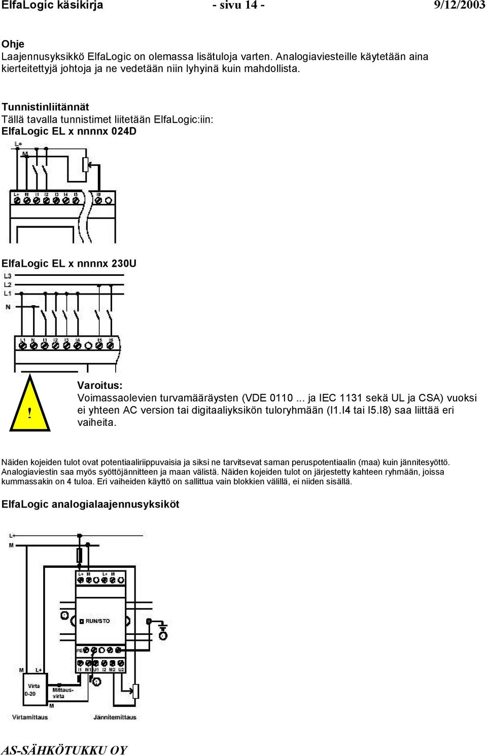 Tunnistinliitännät Tällä tavalla tunnistimet liitetään ElfaLogic:iin: ElfaLogic EL x nnnnx 024D ElfaLogic EL x nnnnx 230U! Varoitus: Voimassaolevien turvamääräysten (VDE 0110.