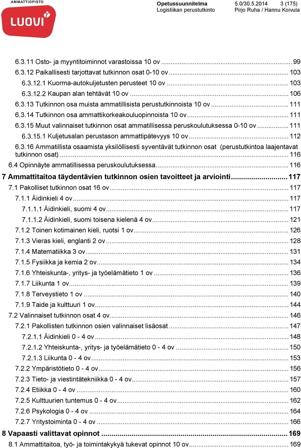 .. 111 Kuljetusalan perustason ammattipätevyys 10 ov... 112 6.3.16 Ammatillista osaamista yksilöllisesti syventävät tutkinnon osat (perustutkintoa laajentavat tutkinnon osat)... 116 6.