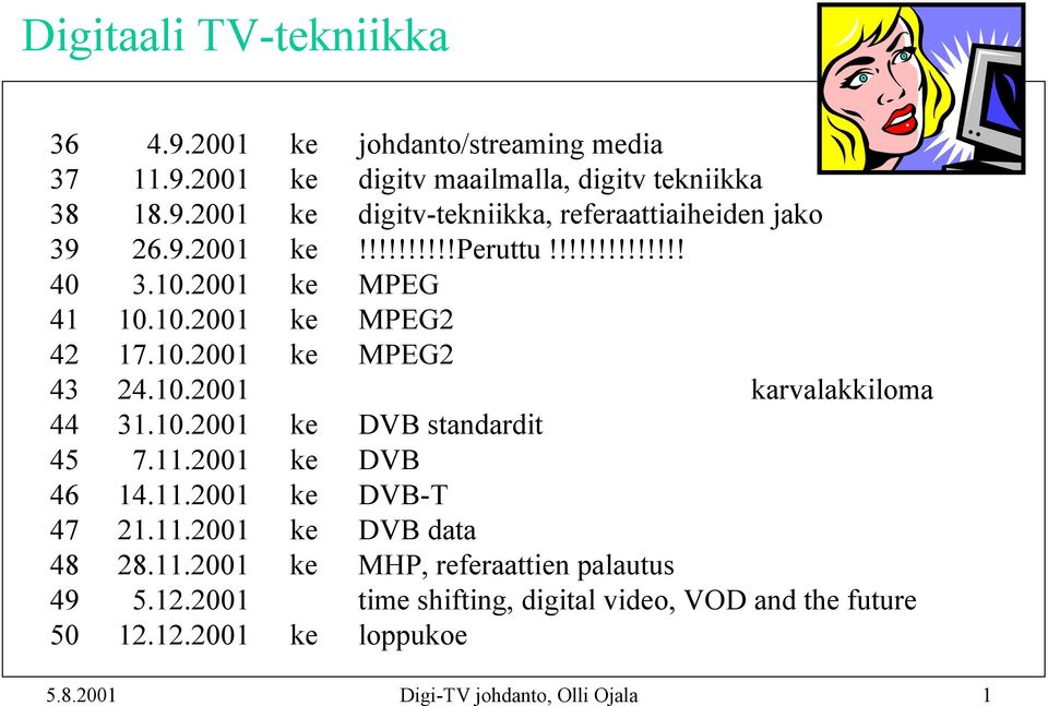 10.2001 ke DVB standardit 45 7.11.2001 ke DVB 46 14.11.2001 ke DVB-T 47 21.11.2001 ke DVB data 48 28.11.2001 ke MHP, referaattien palautus 49 5.