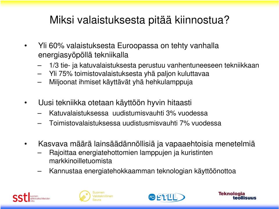 toimistovalaistuksesta yhä paljon kuluttavaa Miljoonat ihmiset käyttävät yhä hehkulamppuja Uusi tekniikka otetaan käyttöön hyvin hitaasti Katuvalaistuksessa