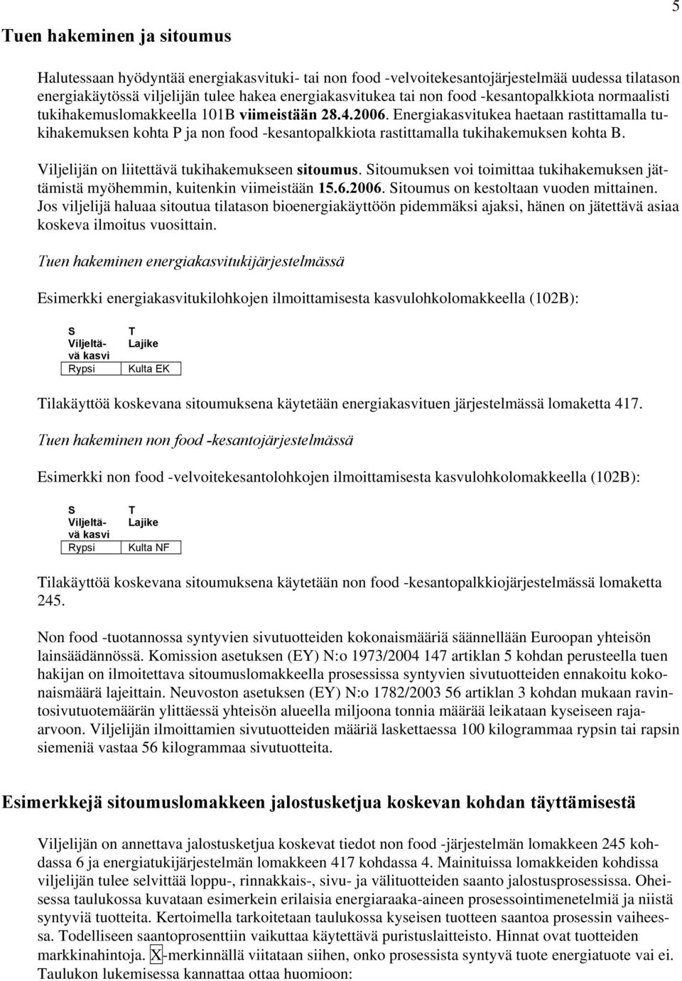 Energiakasvitukea haetaan rastittamalla tukihakemuksen kohta P ja non food -kesantopalkkiota rastittamalla tukihakemuksen kohta B. Viljelijän on liitettävä tukihakemukseen sitoumus.