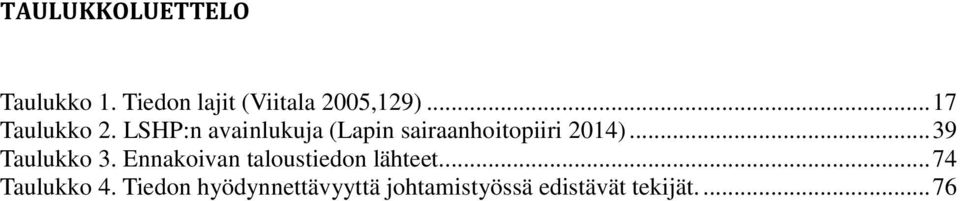 LSHP:n avainlukuja (Lapin sairaanhoitopiiri 2014)... 39 Taulukko 3.