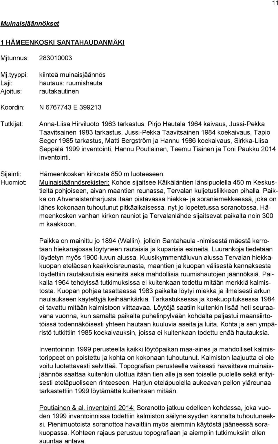 kaivaus, Jussi-Pekka Taavitsainen 1983 tarkastus, Jussi-Pekka Taavitsainen 1984 koekaivaus, Tapio Seger 1985 tarkastus, Matti Bergström ja Hannu 1986 koekaivaus, Sirkka-Liisa Seppälä 1999