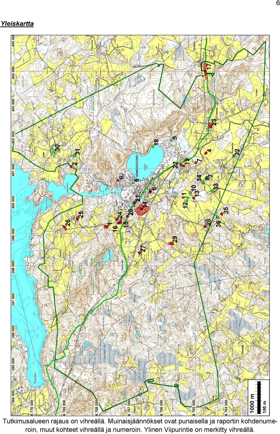 Muinaisjäännökset ovat punaisella ja raportin