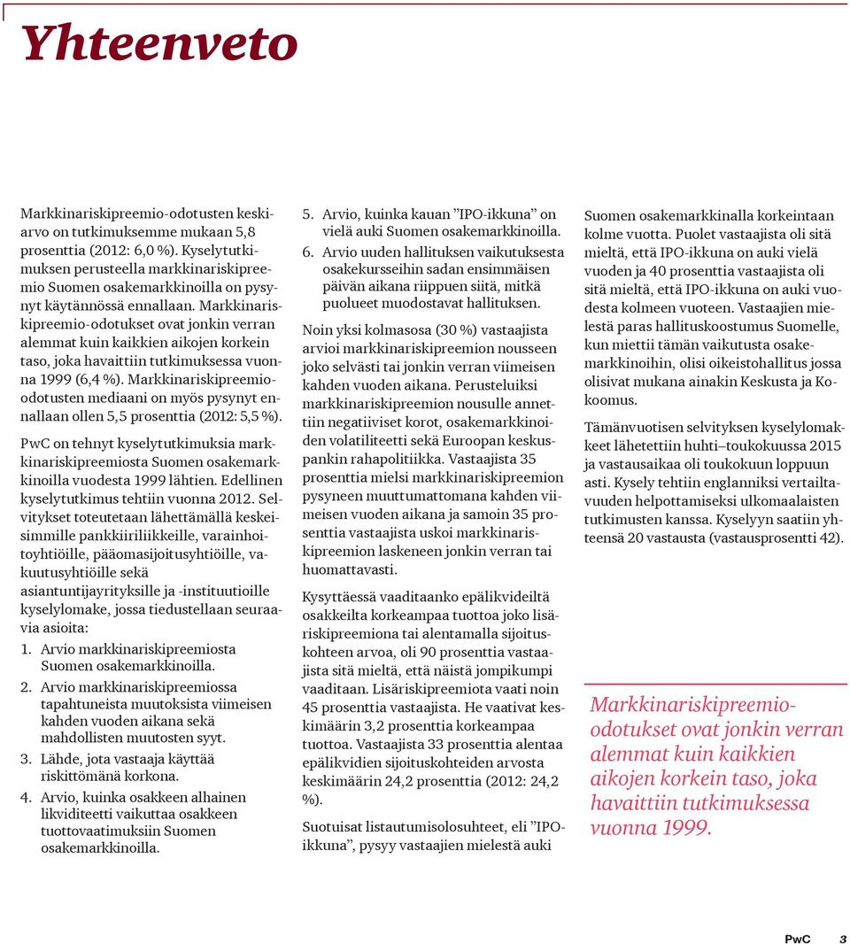 Markkinariskipreemio-odotukset ovat jonkin verran alemmat kuin kaikkien aikojen korkein taso, joka havaittiin tutkimuksessa vuonna 1999 (6,4 %).