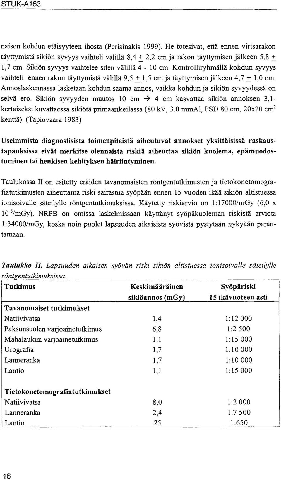 Annoslaskennassa lasketaan kohdun saama annos, vaikka kohdun ja sikiön syvyydessä on selvä ero.