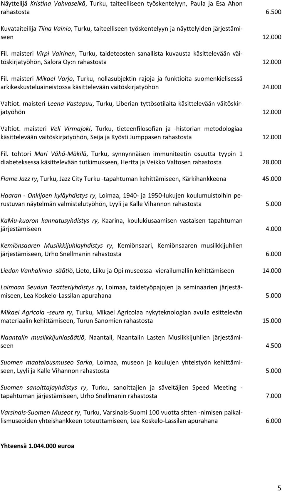 maisteri Virpi Vairinen, Turku, taideteosten sanallista kuvausta käsittelevään väitöskirjatyöhön, Salora Oy:n rahastosta Fil.