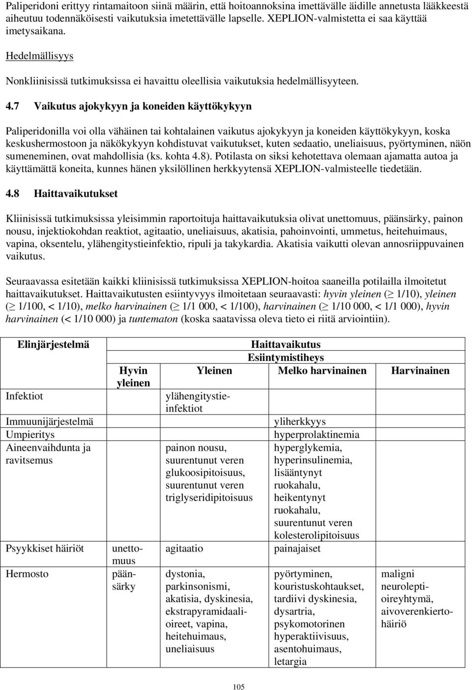 7 Vaikutus ajokykyyn ja koneiden käyttökykyyn Paliperidonilla voi olla vähäinen tai kohtalainen vaikutus ajokykyyn ja koneiden käyttökykyyn, koska keskushermostoon ja näkökykyyn kohdistuvat