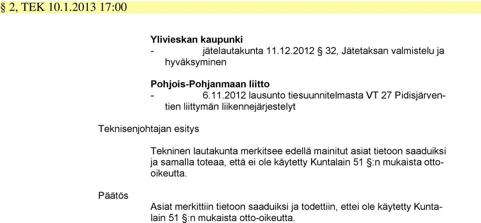 2012 lausunto tiesuunnitelmasta VT 27 Pidisjärventien liittymän liikennejärjestelyt Tekninen lautakunta merkitsee edellä mainitut