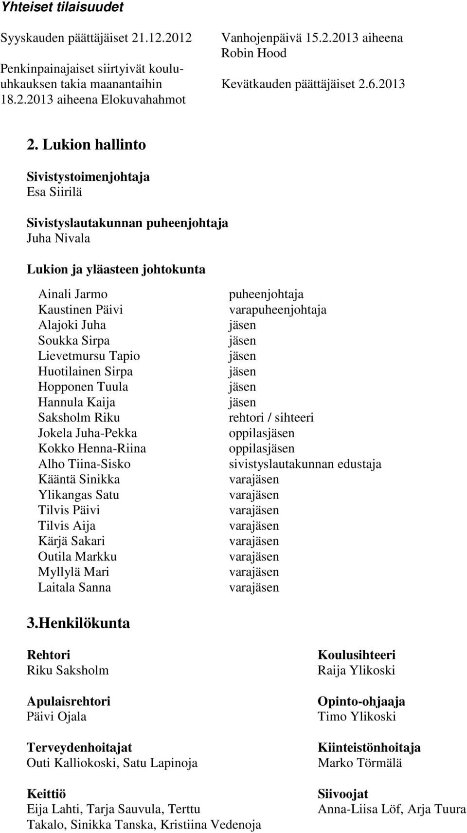 Lukion hallinto Sivistystoimenjohtaja Esa Siirilä Sivistyslautakunnan puheenjohtaja Juha Nivala Lukion ja yläasteen johtokunta Ainali Jarmo Kaustinen Päivi Alajoki Juha Soukka Sirpa Lievetmursu Tapio