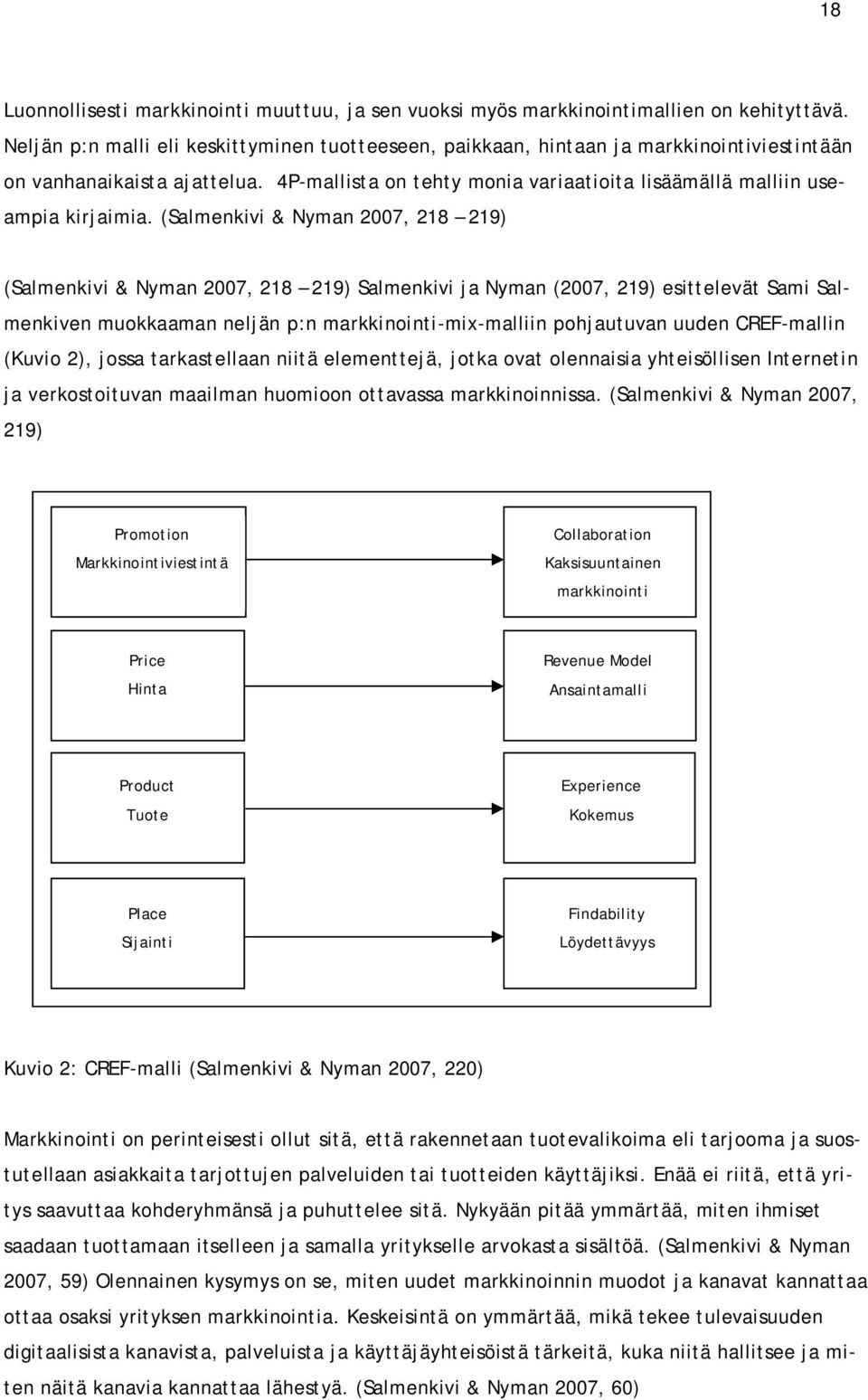 (Salmenkivi & Nyman 2007, 218 219) (Salmenkivi & Nyman 2007, 218 219) Salmenkivi ja Nyman (2007, 219) esittelevät Sami Salmenkiven muokkaaman neljän p:n markkinointi-mix-malliin pohjautuvan uuden