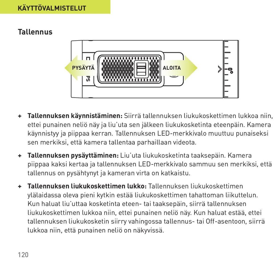 + Tallennuksen pysäyttäminen: Liu uta liukukosketinta taaksepäin.