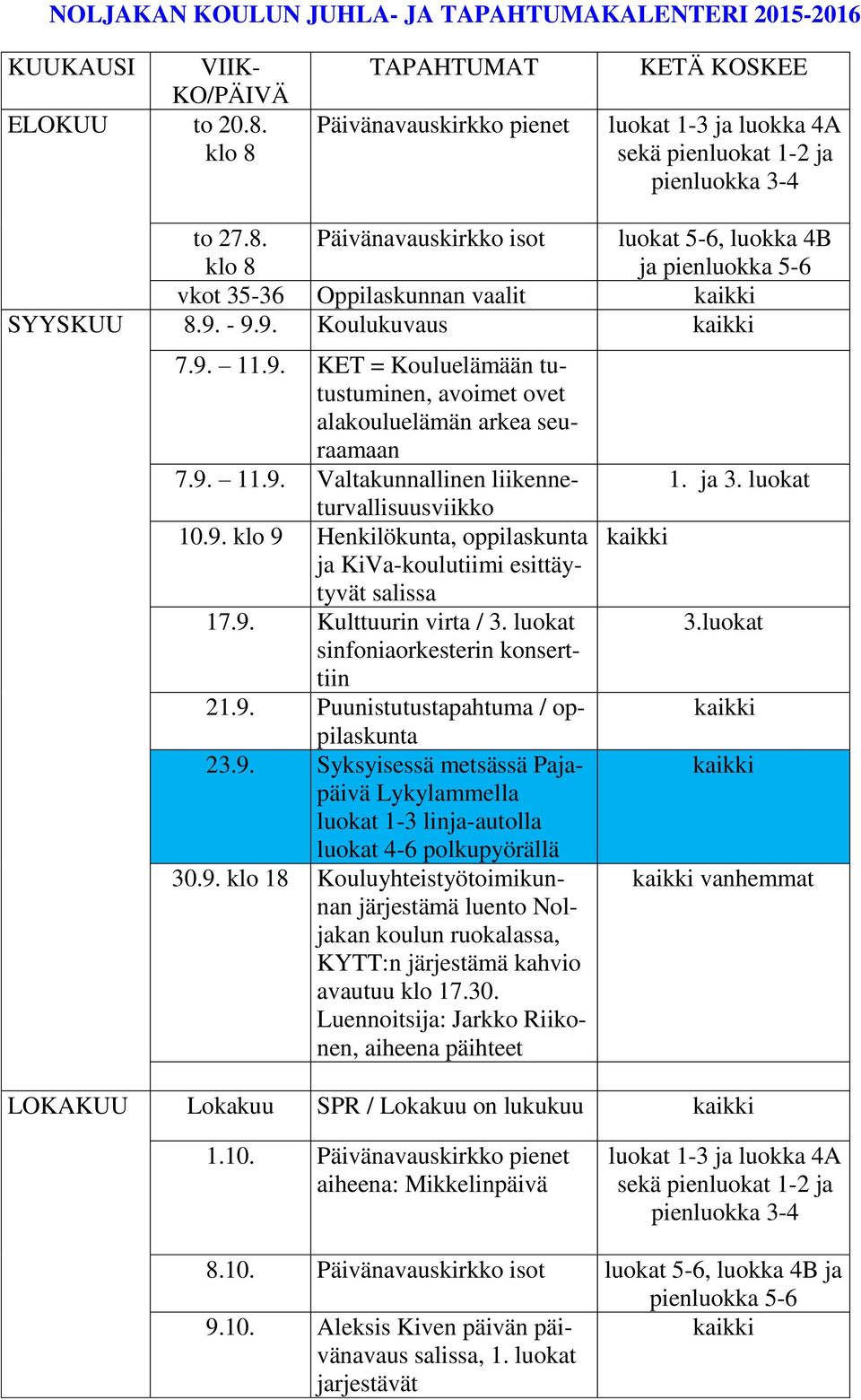 9. - 9.9. Koulukuvaus 7.9. 11.9. KET = Kouluelämään tutustuminen, avoimet ovet alakouluelämän arkea seuraamaan 7.9. 11.9. Valtakunnallinen liikenneturvallisuusviikko 10.9. klo 9 Henkilökunta, oppilaskunta ja KiVa-koulutiimi esittäytyvät salissa 17.