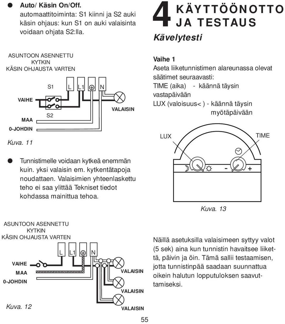 käännä täysin vastapäivään LUX (valoisuus<) - käännä täysin myötäpäivään 0-JOHDIN Kuva. 11 LUX TIME Tunnistimelle voidaan kytkeä enemmän kuin. yksi valaisin em. kytkentätapoja noudattaen.