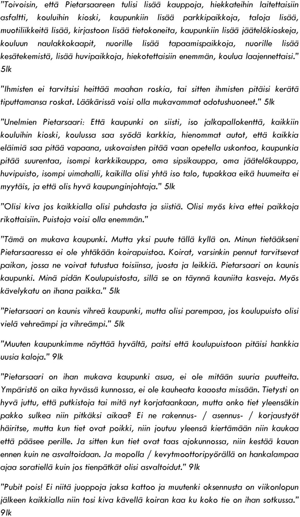 laajennettaisi. 5lk Ihmisten ei tarvitsisi heittää maahan roskia, tai sitten ihmisten pitäisi kerätä tiputtamansa roskat. Lääkärissä voisi olla mukavammat odotushuoneet.