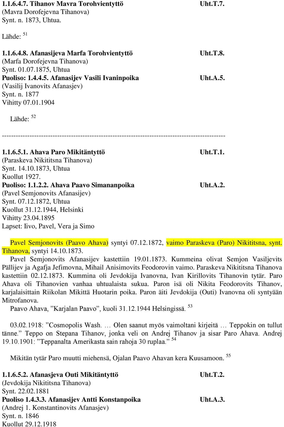 1.6.5.1. Ahava Paro Mikitäntyttö Uht.T.1. (Paraskeva Nikititsna Tihanova) Synt. 14.10.1873, Uhtua Kuollut 1927. Puoliso: 1.1.2.2. Ahava Paavo Simananpoika Uht.A.2. (Pavel Semjonovits Afanasijev) Synt.