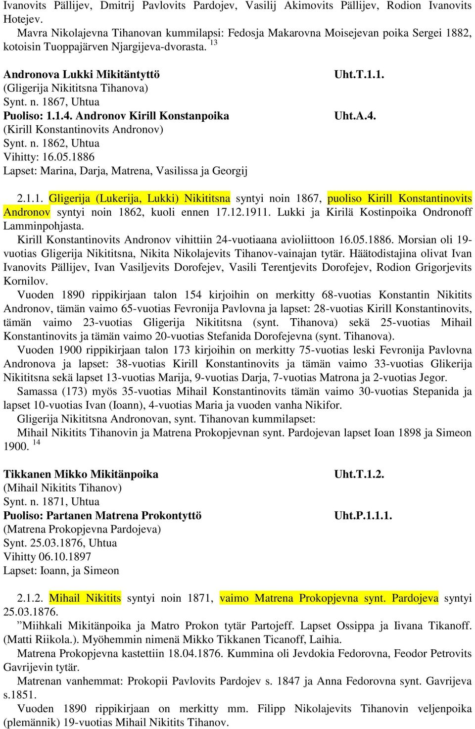 n. 1867, Uhtua Puoliso: 1.1.4. Andronov Kirill Konstanpoika (Kirill Konstantinovits Andronov) Synt. n. 1862, Uhtua Vihitty: 16.05.1886 Lapset: Marina, Darja, Matrena, Vasilissa ja Georgij Uht.T.1.1. Uht.A.4. 2.