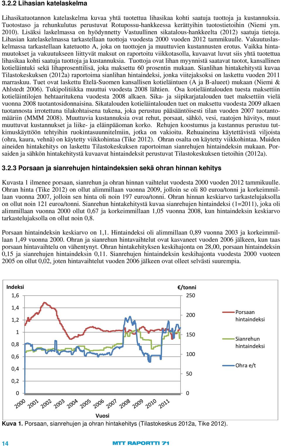 Lihasian katelaskelmassa tarkastellaan tuottoja vuodesta 2000 vuoden 2012 tammikuulle. Vakuutuslaskelmassa tarkastellaan katetuotto A, joka on tuottojen ja muuttuvien kustannusten erotus.