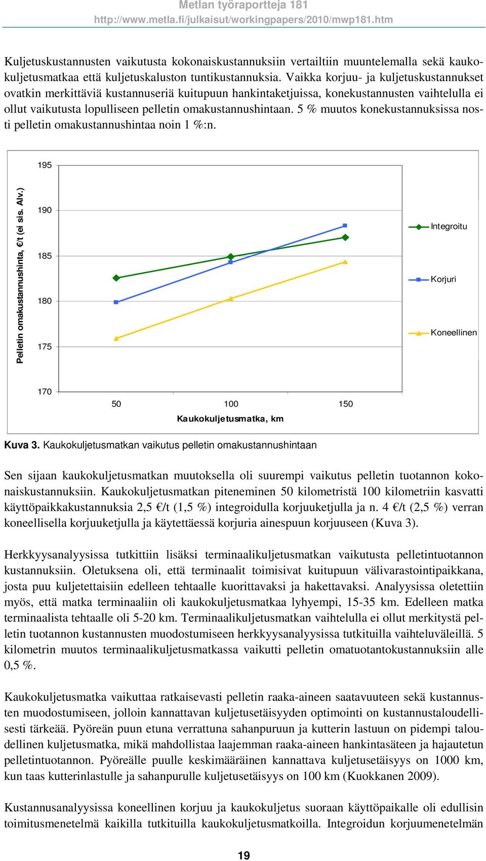 5 % muutos konekustannuksissa nosti pelletin omakustannushintaa noin 1 %:n. 195 Pelletin omakustannushinta, /t (ei sis. Alv.