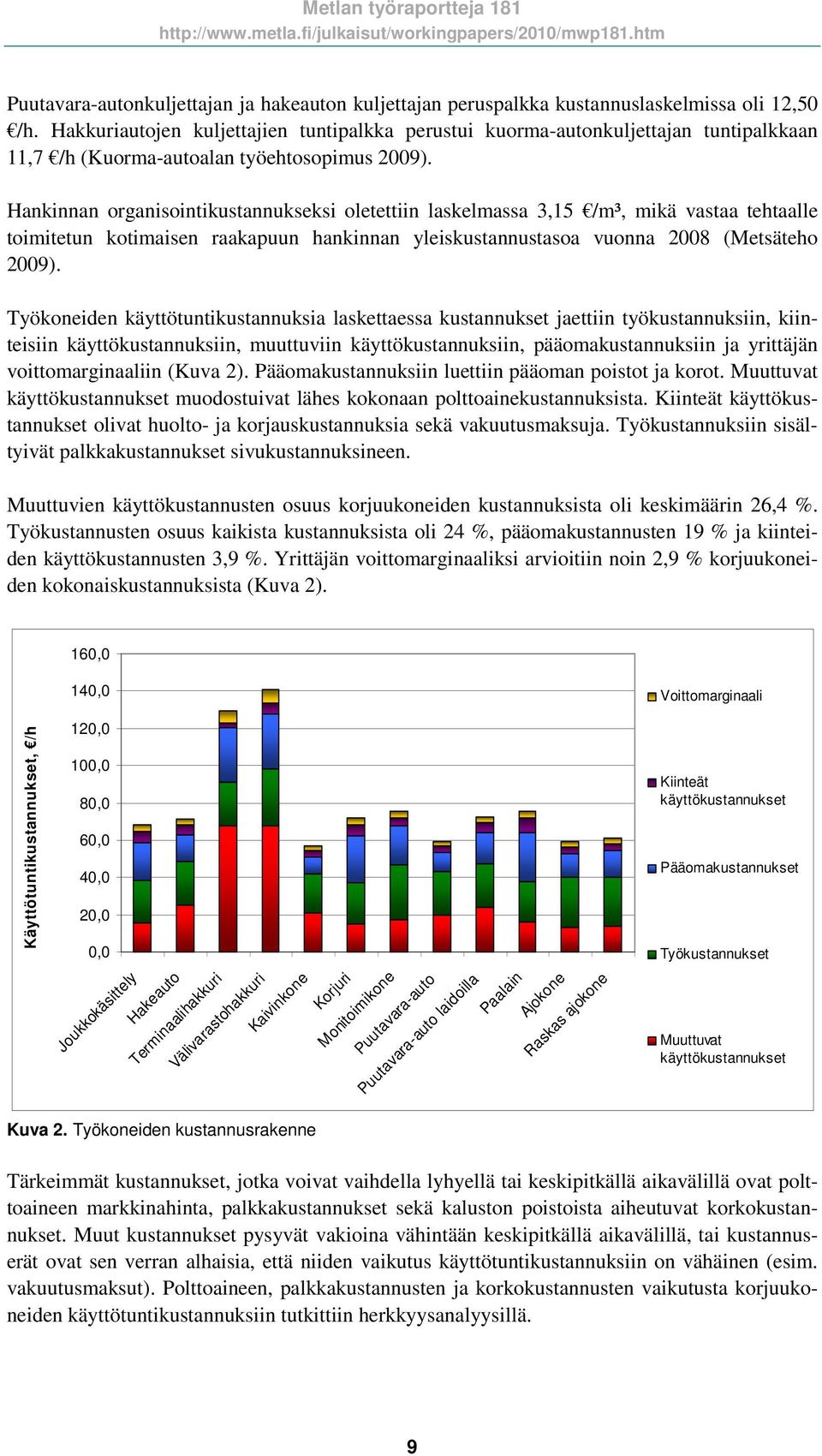 Hankinnan organisointikustannukseksi oletettiin laskelmassa 3,15 /m³, mikä vastaa tehtaalle toimitetun kotimaisen raakapuun hankinnan yleiskustannustasoa vuonna 2008 (Metsäteho 2009).