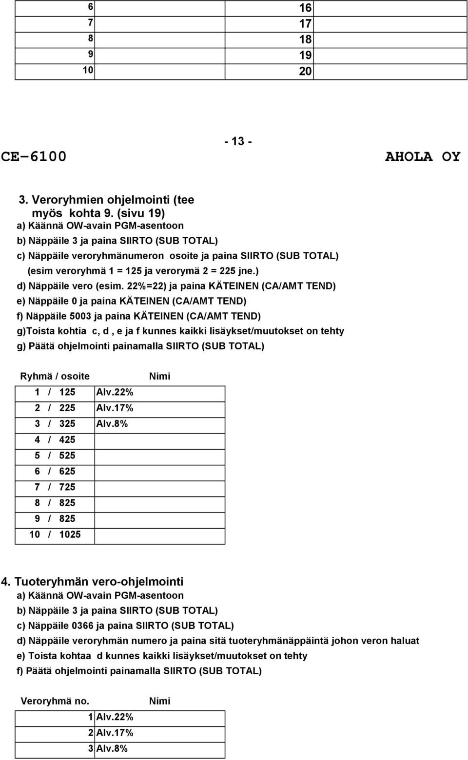 22%=22) ja paina KÄTEINEN (CA/AMT TEND) e) Näppäile 0 ja paina KÄTEINEN (CA/AMT TEND) f) Näppäile 5003 ja paina KÄTEINEN (CA/AMT TEND) g)toista kohtia c, d, e ja f kunnes kaikki lisäykset/muutokset