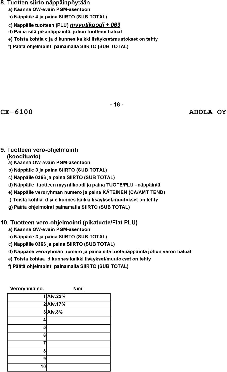 Tuotteen vero-ohjelmointi (koodituote) c) Näppäile 0366 ja paina SIIRTO (SUB TOTAL) d) Näppäile tuotteen myyntikoodi ja paina TUOTE/PLU näppäintä e) Näppäile veroryhmän numero ja paina KÄTEINEN