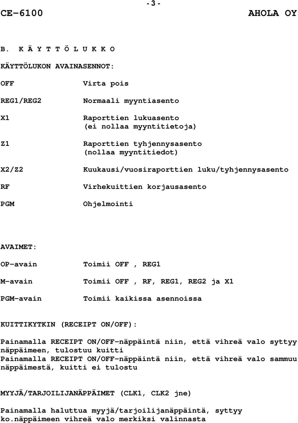 myyntitiedot) Kuukausi/vuosiraporttien luku/tyhjennysasento Virhekuittien korjausasento Ohjelmointi AVAIMET: OP-avain M-avain PGM-avain Toimii OFF, REG1 Toimii OFF, RF, REG1, REG2 ja X1 Toimii