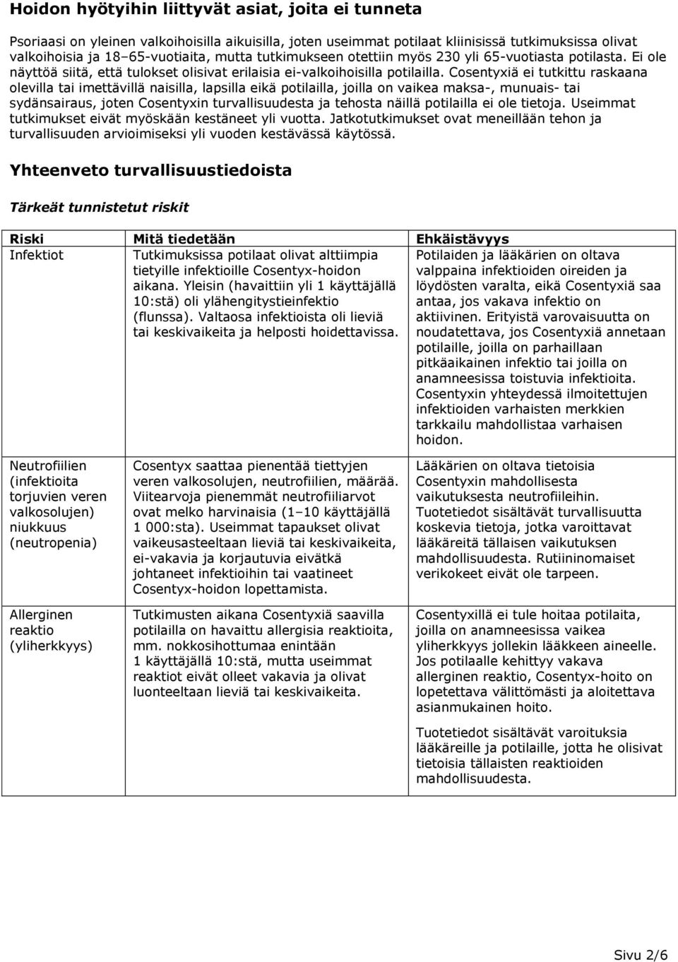 Cosentyxiä ei tutkittu raskaana olevilla tai imettävillä naisilla, lapsilla eikä potilailla, joilla on vaikea maksa-, munuais- tai sydänsairaus, joten Cosentyxin turvallisuudesta ja tehosta näillä