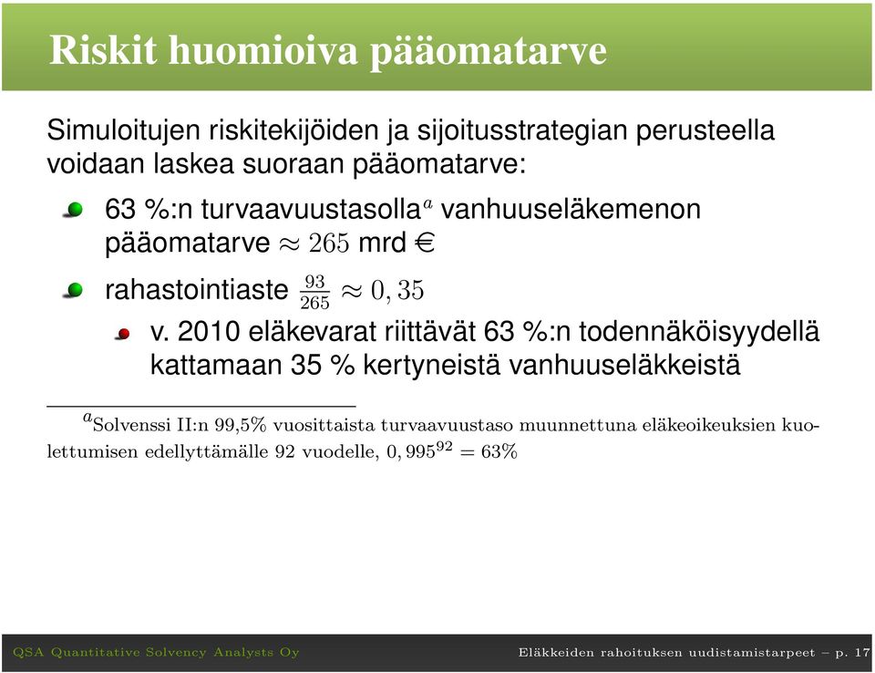20 eläkevarat riittävät 63 :n todennäköisyydellä kattamaan 35 kertyneistä vanhuuseläkkeistä a Solvenssi II:n 99,5