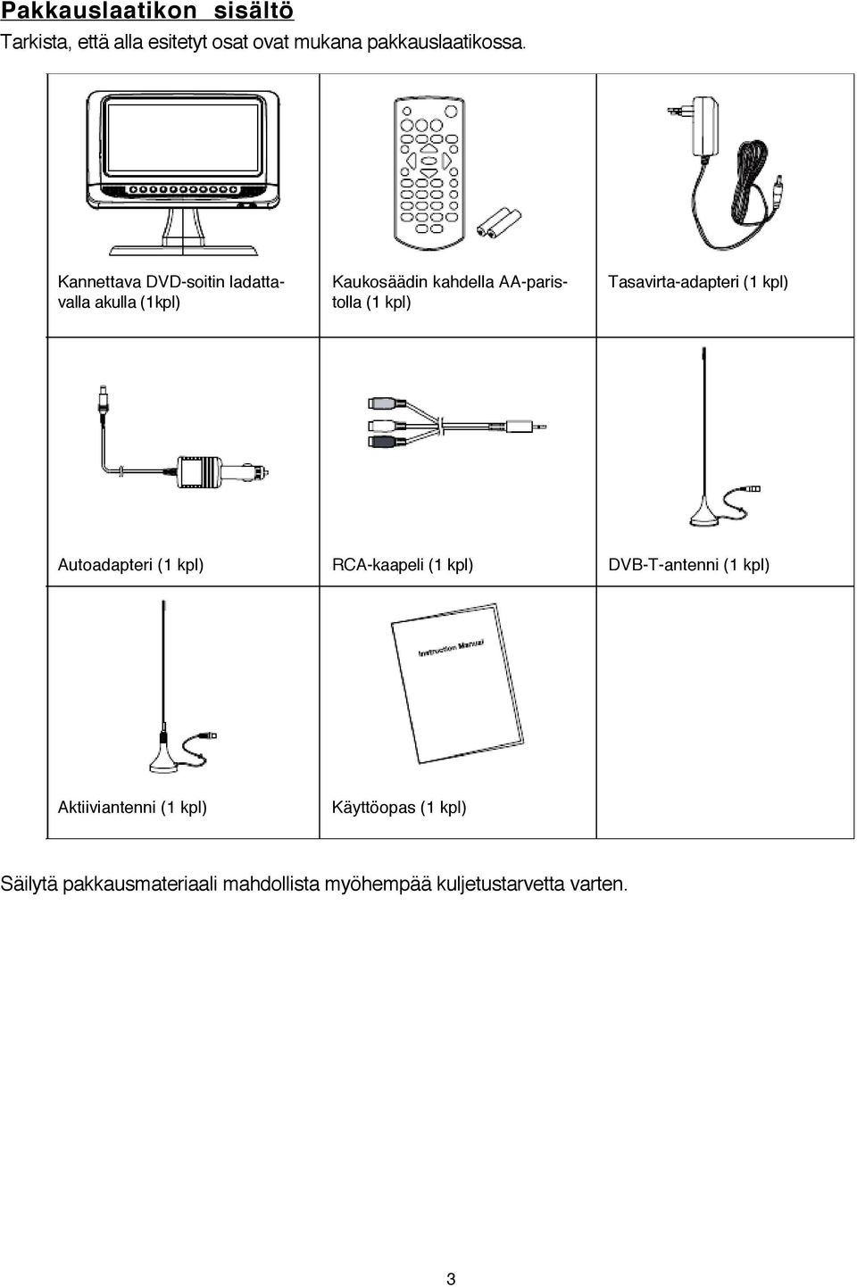 akulla (1kpl) tolla (1 kpl) Autoadapteri (1 kpl) RCA-kaapeli (1 kpl) DVB-T-antenni (1 kpl)