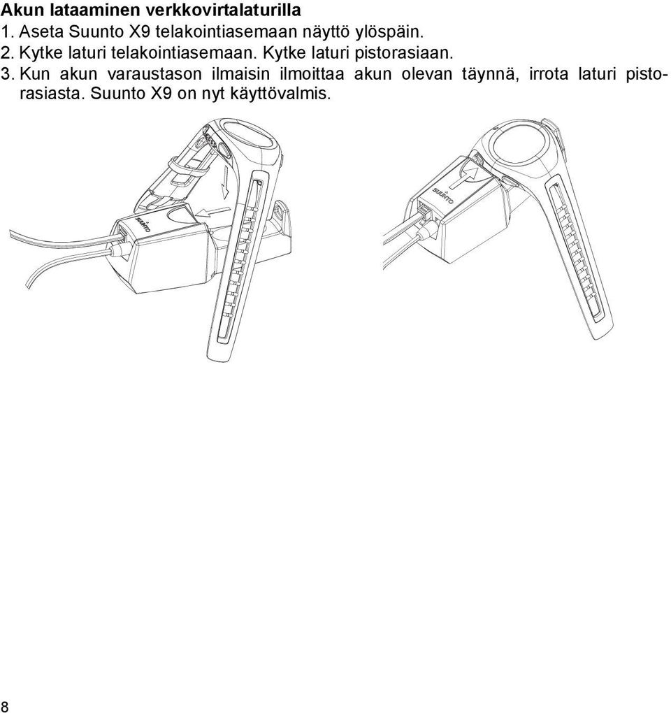 Kytke laturi telakointiasemaan. Kytke laturi pistorasiaan. 3.