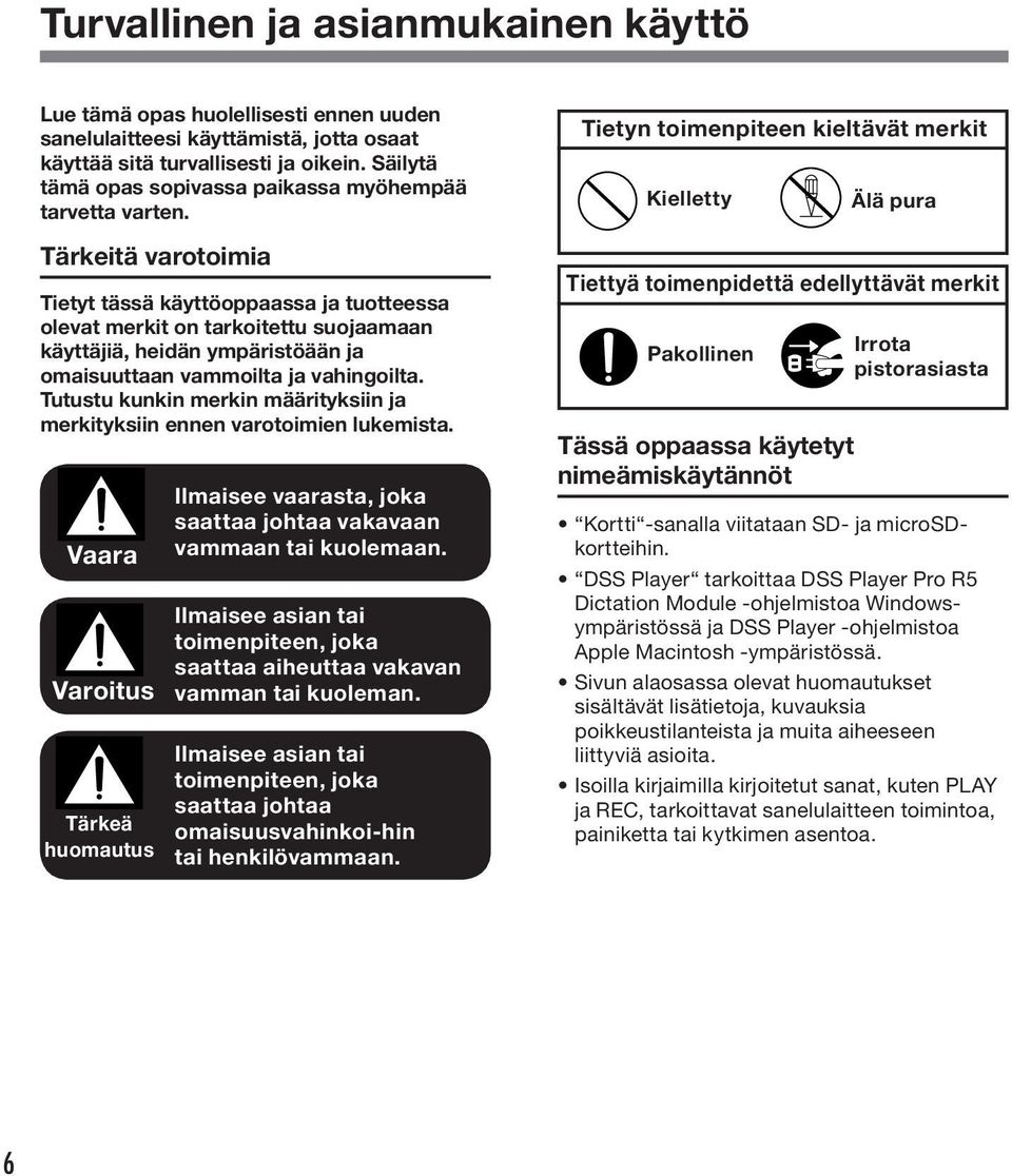 Tärkeitä varotoimia Tietyt tässä käyttöoppaassa ja tuotteessa olevat merkit on tarkoitettu suojaamaan käyttäjiä, heidän ympäristöään ja omaisuuttaan vammoilta ja vahingoilta.
