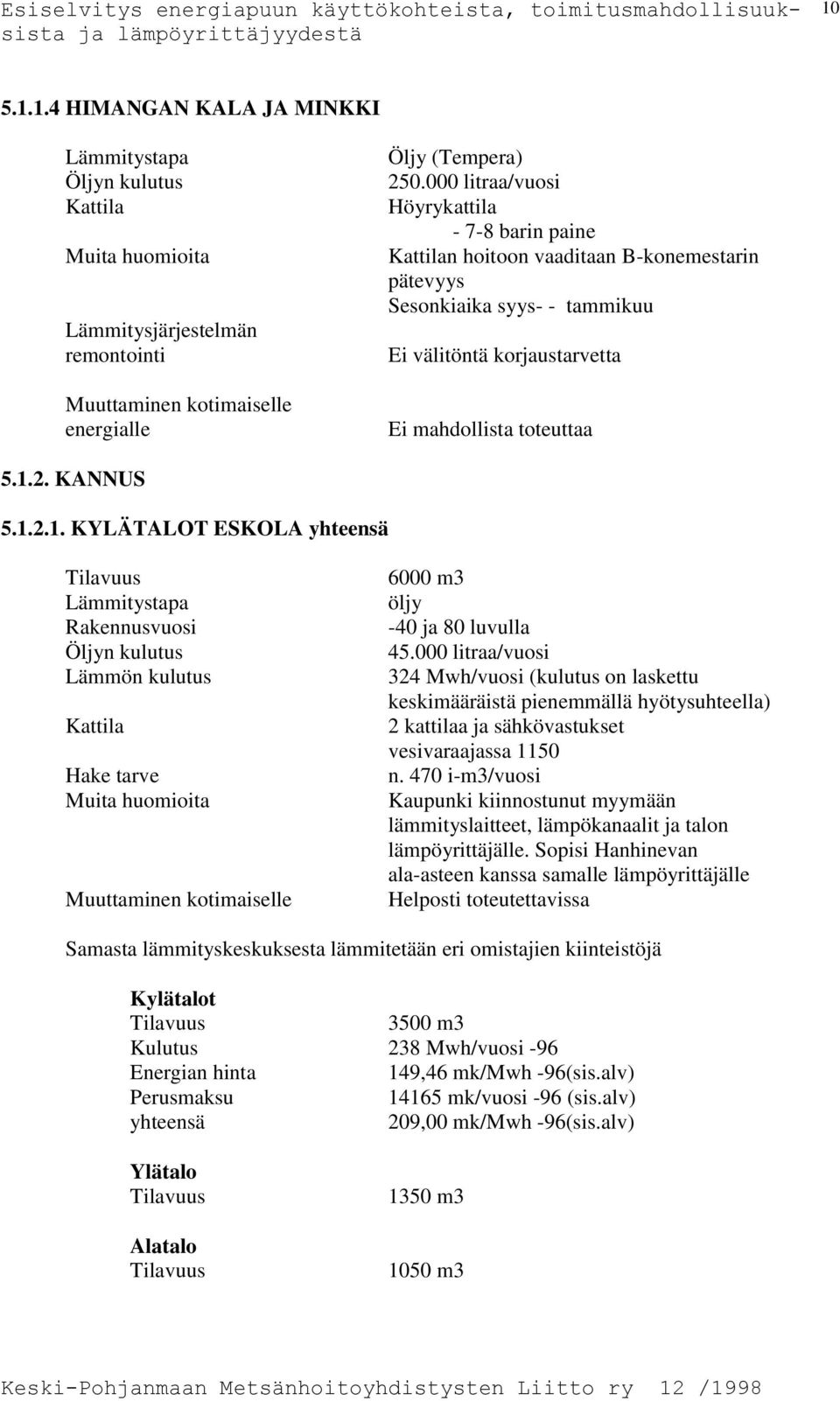 2. KANNUS 5.1.2.1. KYLÄTALOT ESKOLA yhteensä Rakennusvuosi Lämmön kulutus Kattila Muita huomioita Muuttaminen kotimaiselle 6000 m3-40 ja 80 luvulla 45.