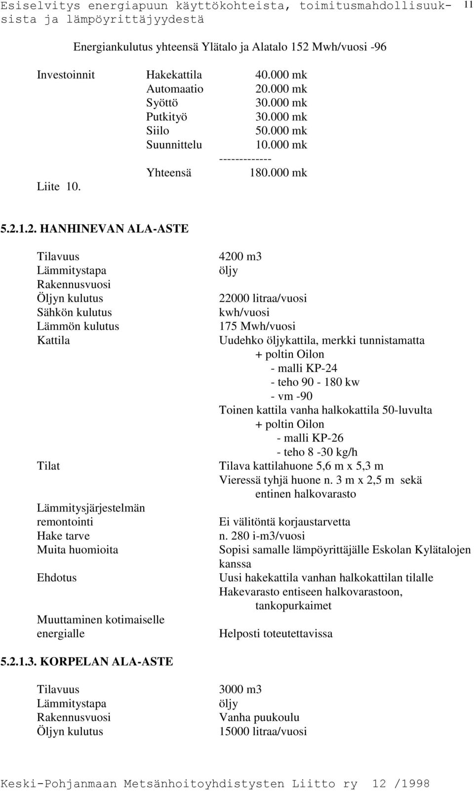 1.2. HANHINEVAN ALA-ASTE Rakennusvuosi Sähkön kulutus Lämmön kulutus Kattila Lämmitysjärjestelmän remontointi Muita huomioita Muuttaminen kotimaiselle energialle 4200 m3 22000 litraa/vuosi kwh/vuosi