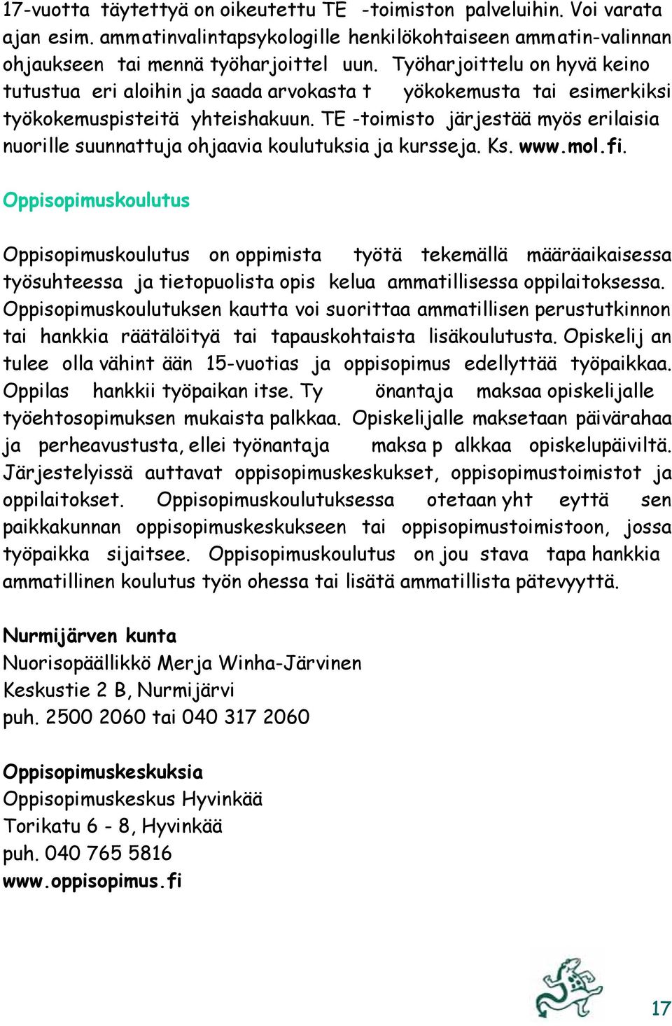 TE -toimisto järjestää myös erilaisia nuorille suunnattuja ohjaavia koulutuksia ja kursseja. Ks. www.mol.fi.