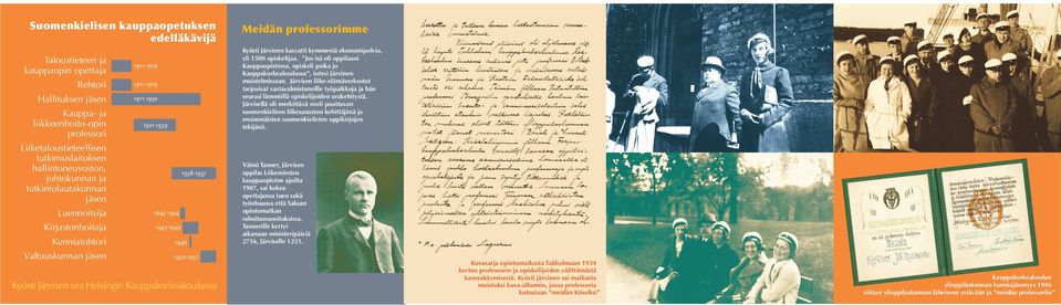 1943-1944 1943-1949 1946 1950-1957 Kyösti Järvisen ura Helsingin Kauppakorkeakoulussa Kyösti Järvinen kasvatti kymmeniä ekonomipolvia, yli 1500 opiskelijaa.