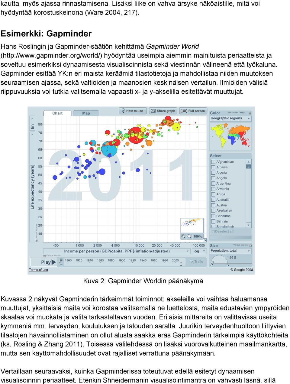 org/world/) hyödyntää useimpia aiemmin mainituista periaatteista ja soveltuu esimerkiksi dynaamisesta visualisoinnista sekä viestinnän välineenä että työkaluna.