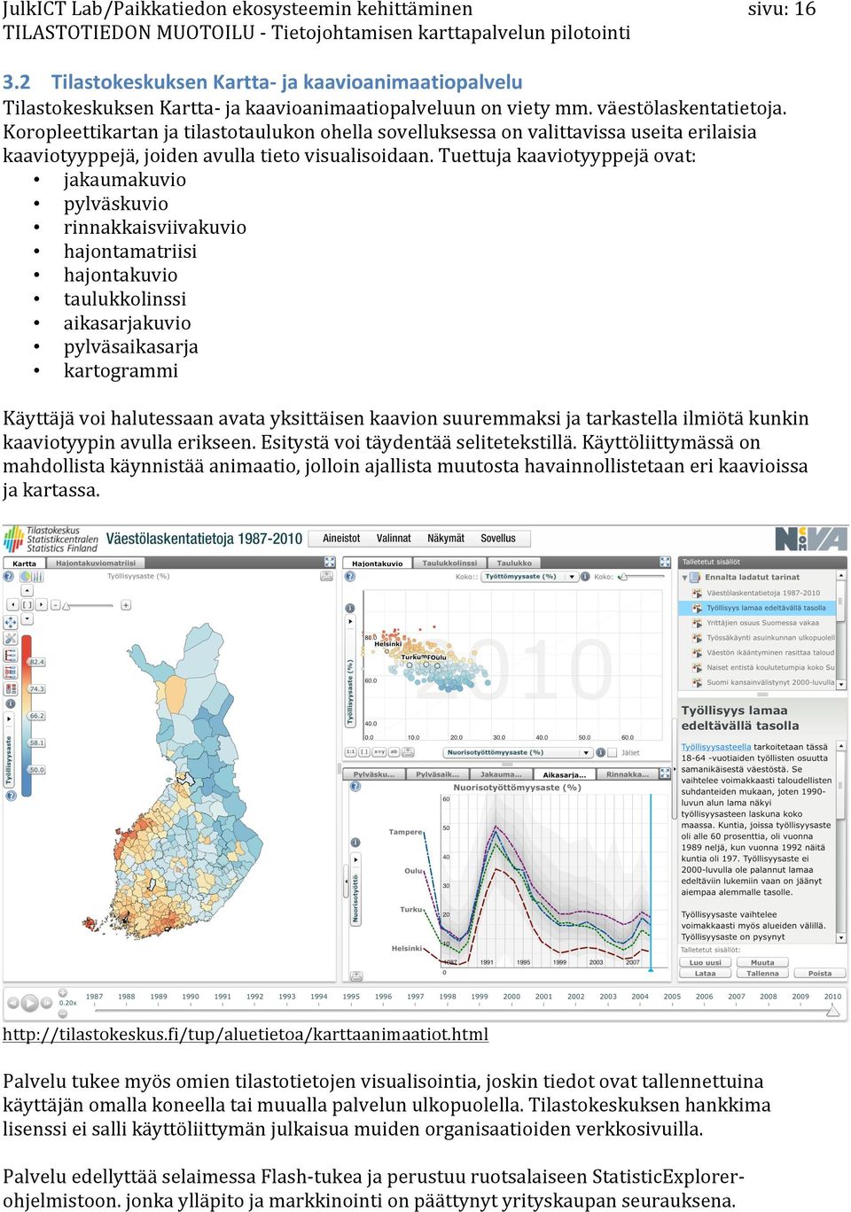 Koropleettikartanjatilastotaulukonohellasovelluksessaonvalittavissauseitaerilaisia kaaviotyyppejä,joidenavullatietovisualisoidaan.