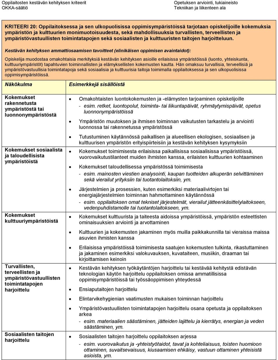 Kestävän kehityksen ammattiosaamisen tavoitteet (elinikäisen oppimisen avaintaidot): Opiskelija muodostaa omakohtaisia merkityksiä kestävän kehityksen asioille erilaisissa ympäristöissä (luonto,