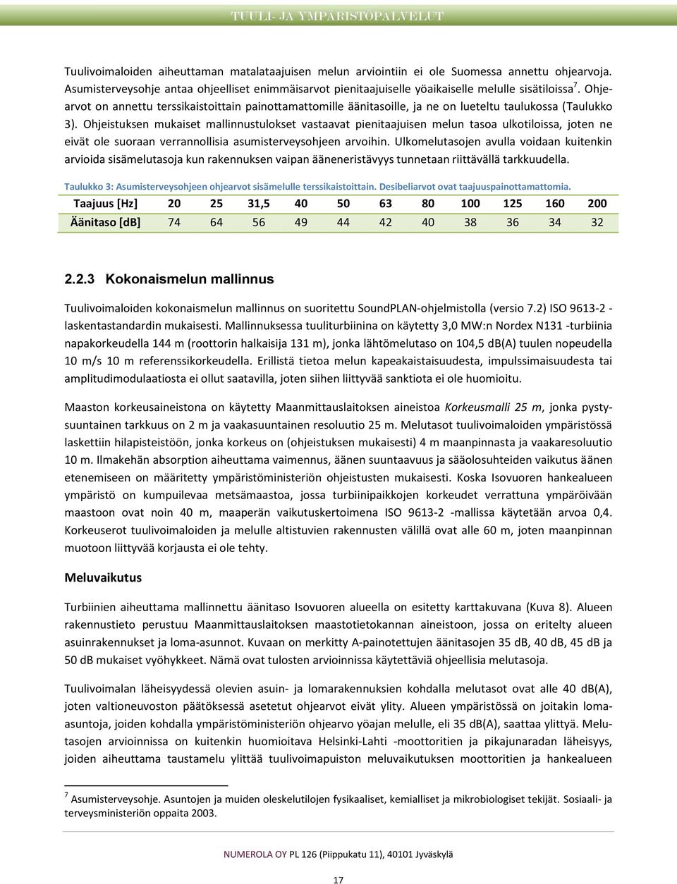 Ohjearvot on annettu terssikaistoittain painottamattomille äänitasoille, ja ne on lueteltu taulukossa (Taulukko 3).