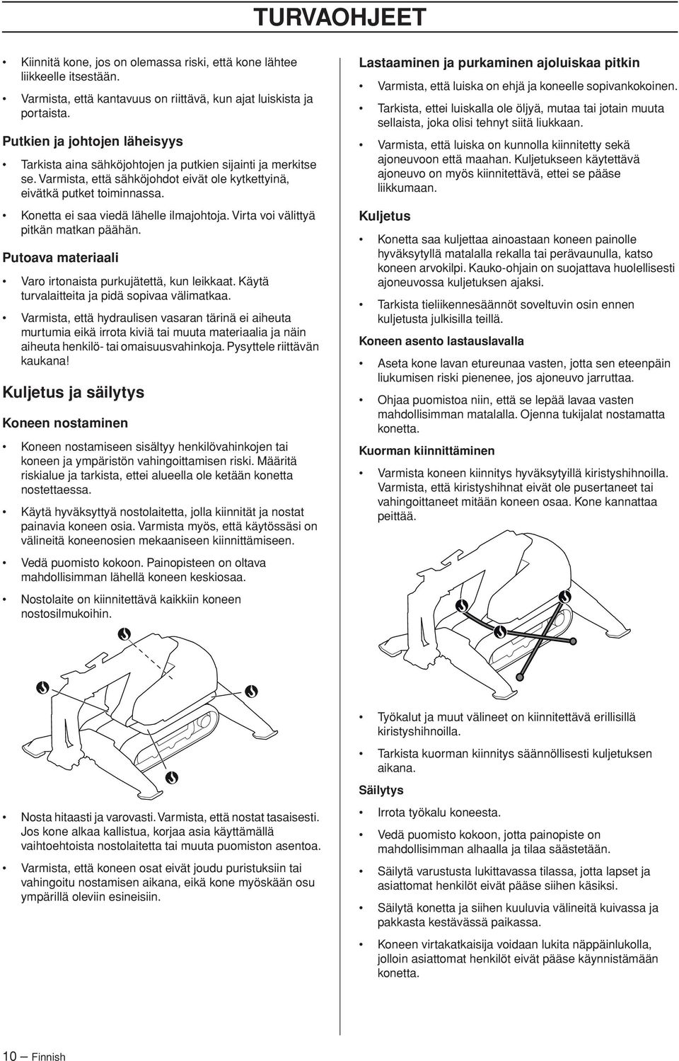 Konetta ei saa viedä lähelle ilmajohtoja. Virta voi välittyä pitkän matkan päähän. Putoava materiaali Varo irtonaista purkujätettä, kun leikkaat. Käytä turvalaitteita ja pidä sopivaa välimatkaa.