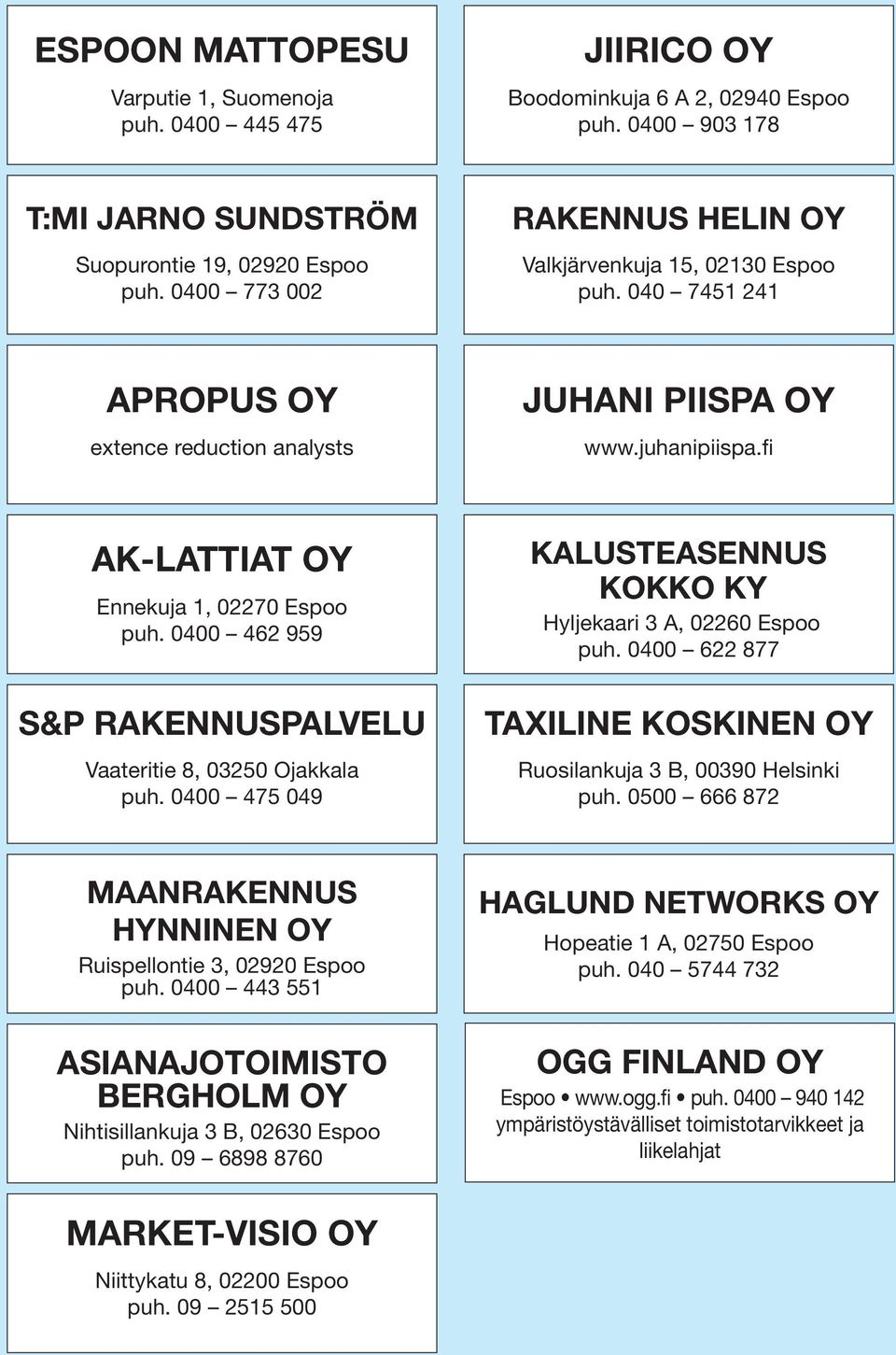 0400 462 959 S&P RAKENNUSPALVELU Vaateritie 8, 03250 Ojakkala puh. 0400 475 049 KALUSTEASENNUS KOKKO KY Hyljekaari 3 A, 02260 Espoo puh.